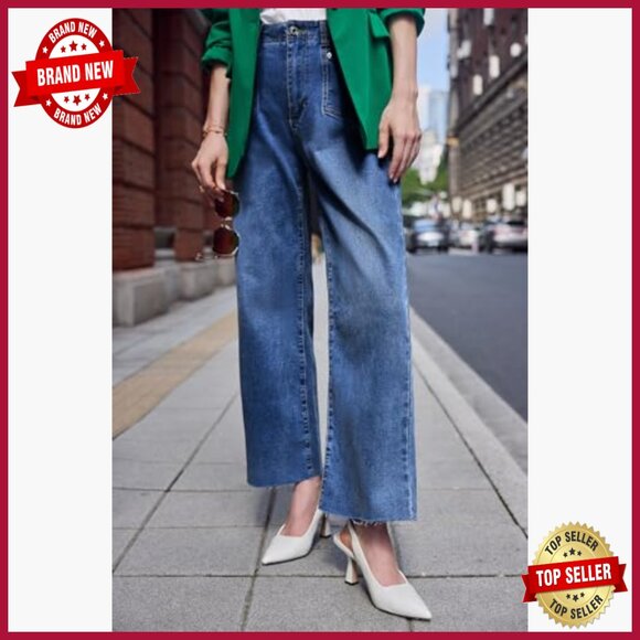 High Waisted Cropped Jeans Stretchy Baggy Straight Leg Raw Hem Denim Pants - Picture 2 of 7